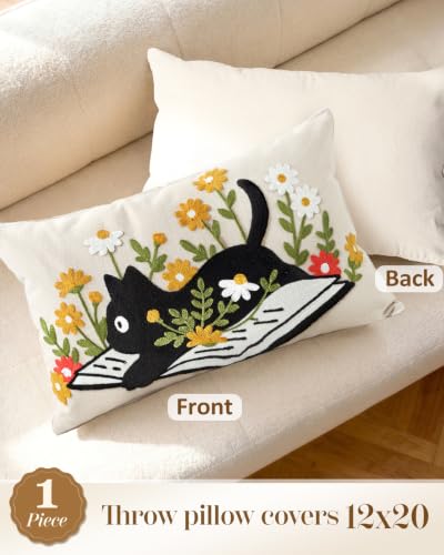 Animal Embroidered Lumbar Pillow Cover 20x12 Inch, Cat Floral - color: Cat Book, size: 20" x 12" (Pack of 1)
