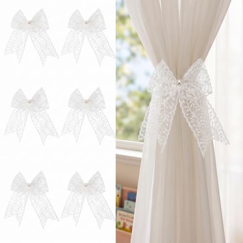 White Lace Bow Curtain Tiebacks 6-Pack, Vine Floral Curtain Holdbacks - color: White Leaf Filigree