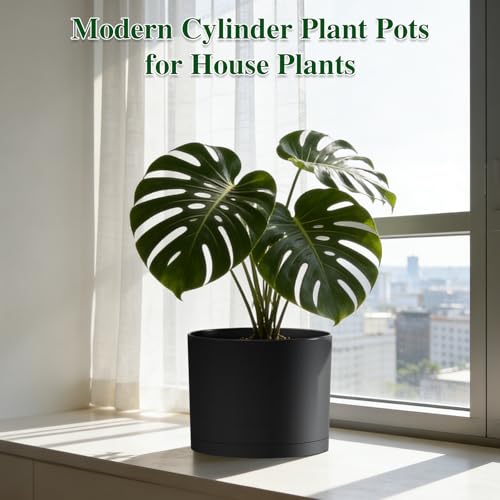 Plant Pots, 10/9/8 Inch 3 Pack Cylindrical Flower Pots with Drainage Holes and Saucers, Plastic Planters for Outdoor Indoor Plants,Black - color: Black