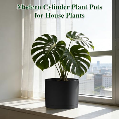 Plant Pots, 10/9/8 Inch 3 Pack Cylindrical Flower Pots with Drainage Holes and Saucers, Plastic Planters for Outdoor Indoor Plants,Black - color: Black