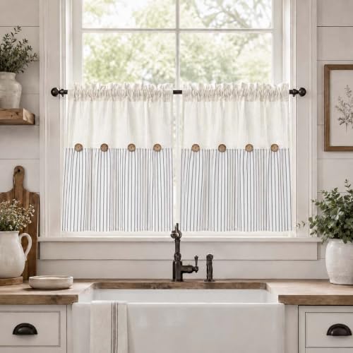 DOSLY IDÉES Spa Waffle and Gray Striped Curtains, 26" W x 24" L - color: Beige & Gray Striped, size: 26"W x 24"L (Pack of 2)