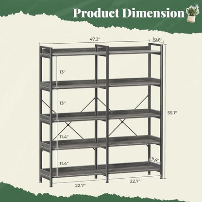 Huuger 5 Tier Bookshelf with 10 Open Shelves and Raised Baffle, Grey - color: Grey, size: 5 Tier