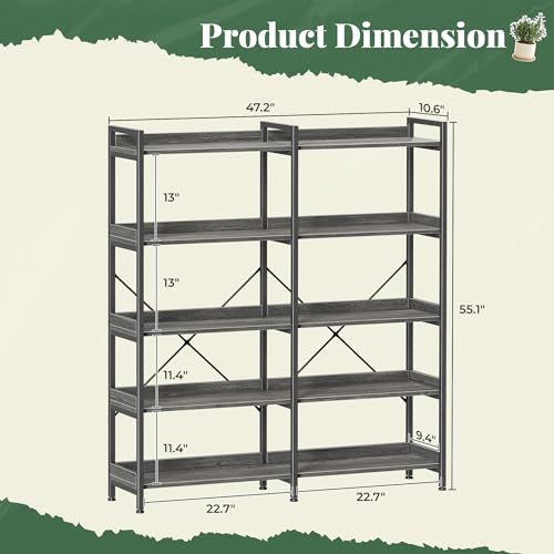 Huuger 5 Tier Bookshelf with 10 Open Shelves and Raised Baffle, Grey - color: Grey, size: 5 Tier
