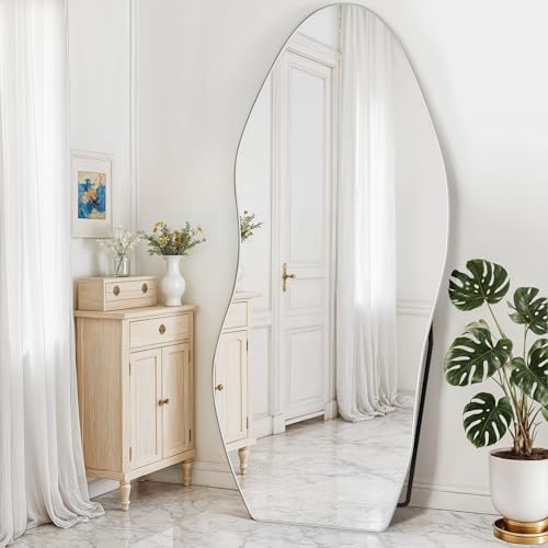 Antok Irregular Full Length Mirror, 68"x26" Asymmetrical Floor Mirror with Stand, Standing Hanging Leaning Irregular Mirrors for Bedroom Living Room Entryway, Wavy Shaped, Silvery - color: Silver, size: 68"L x 26"W, style: Wavy Shaped Style