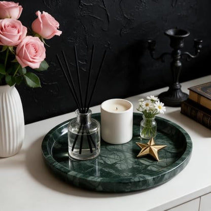 Marble Round Vanity Tray, Natural Polished Serving Tray - color: Indian Green