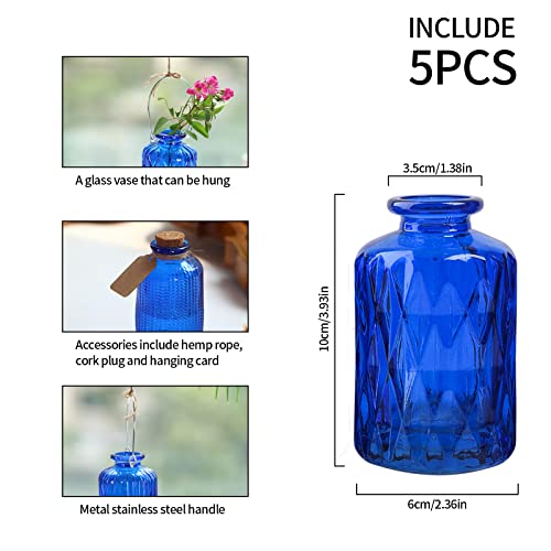 ELEGANTTIME Cobalt Blue Glass Bud Vase Small Flower Vase Mini Bottle with Cork Wire Handle Design for Deco Cafes, Office Table, Home and Garden(Set 5) - color: Cobalt Blue