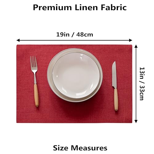 Demetex Placemats Set of 6 Red Linen Wipeable Place Mats Heat Resistant Cloth Placemats for Dining Table Restaurants Holiday, 13 x 19 inches, Wine Red - color: Red, size: Placemats set of 6