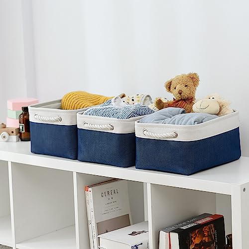 TheWarmHome Storage Basket for Organizing - Medium 3 Pack 14x10x7 inch Fabric Storage Cubes for Shelves with Rope, Collapsible Storage Bin for Organizer Closet Cloth Gift Toy (White & Jean Blue) - color: White & Blue, size: 3PCS/Medium -13.8Lx9.8Wx6.7H
