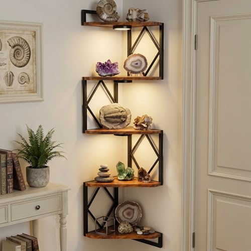 HAAYOT Corner Shelf Wall Mounted: 5-Tier Floating Shelves with Lights for Living Room, Bedroom, Home Office, Rustic Brown