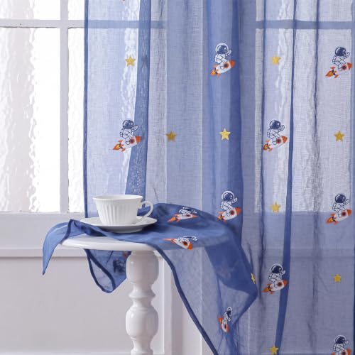 Tegeme 2 Panels Blue Astronaut Sheer Curtains for Bedroom 84 Inch - color: Blue, style: Astronaut
