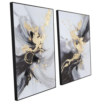 SAFERRYHOME Framed Abstract Black and Gold Modern Wall Art, Large 24"x36"x2 - color: Black Gold 1, size: 24" x 36" x 2 Panel Framed