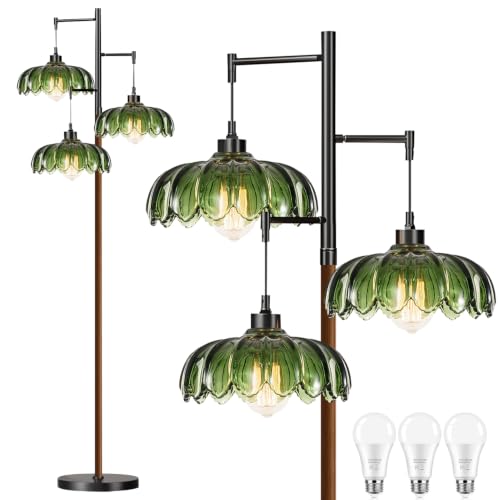 QIYIZM Glass Floor Lamp for Living Room,Bedroom, Stained Green Mid Century Modern Standing Lamp Wood Tree 3 Light Tall Floor Lamps Vintage Retro Black Floor Lights Flower LampShade Boho Bohemian - size: Floor Lamp--29