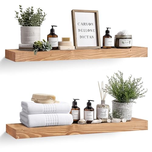 Solid Wood Floating Shelves, 36 Inch Wall Shelves, Set of 2, Oak - color: Oak, size: 36x8x1.6