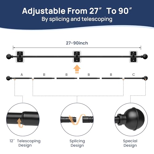 ENJOYBASICS Curtain Rods No Drilling for Renter, 28-84" Adjustable, Black - color: Black, size: 27-90"