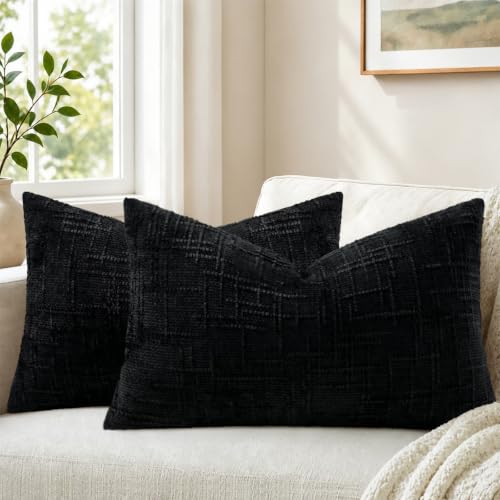 Pallene Black Textured Chenille Throw Pillow Covers 12x20 Set of 2 - color: Black, size: 20" x 12" (Pack of 2)