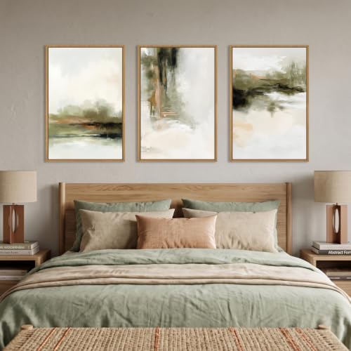 KAIRNE Green Brown Abstract Neutral Framed Canvas Wall Art Set-16"x24"x3 - color: Green Abstract Wall Art, size: 16"L x 24"W