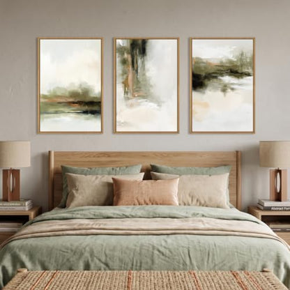 KAIRNE Green Brown Abstract Neutral Framed Canvas Wall Art Set-16"x24"x3 - color: Green Abstract Wall Art, size: 16"L x 24"W