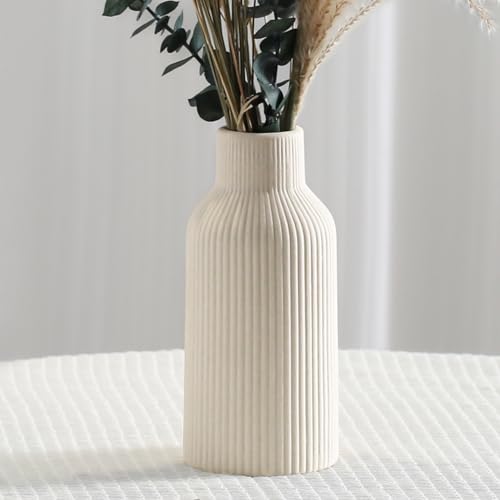 Bohemian Beige Ceramic Vase - for Pampas Grass, Mantel, Bookshelf, Entryway and Living Room Decor (Beige, 8in) - color: Beige, size: 8in-Round