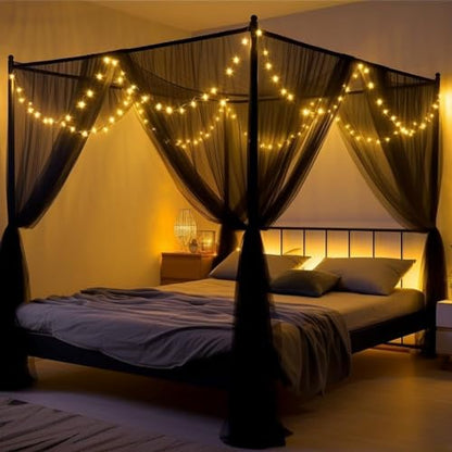 Black Mosquito Net Bed Canopy Curtains with 66ft LED Star String Lights - color: Black+lights