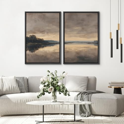 SIGNWIN Framed Canvas Print Wall Art Set Moody Sunset Lake Reflection Landscape Illustrations Modern Art Minimal Boho Relax/Calm for Living Room, Bedroom, Office - 16"x24"x2 Black - color: A29-2604-m09, size: 16"x24"x2 Panels Black