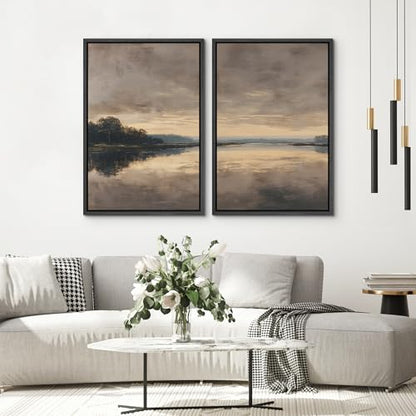 SIGNWIN Framed Canvas Print Wall Art Set Moody Sunset Lake Reflection Landscape Illustrations Modern Art Minimal Boho Relax/Calm for Living Room, Bedroom, Office - 16"x24"x2 Black - color: A29-2604-m09, size: 16"x24"x2 Panels Black