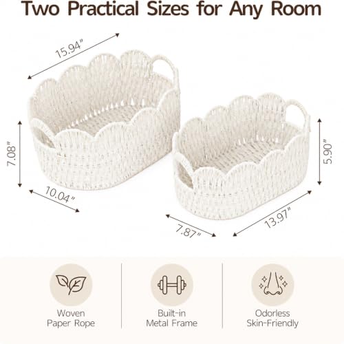 Endymion Set of 2 Paper Rope Scalloped Basket, Wicker Storage Baskets White - color: White