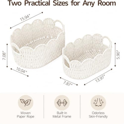 Endymion Set of 2 Paper Rope Scalloped Basket, Wicker Storage Baskets White - color: White
