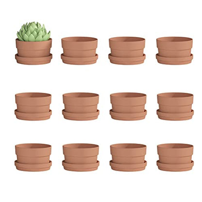 Fcacti 3.5 Inch Terracotta Shallow Succulent Pot - 12 Pack Small Terra Cotta Clay Pots with Saucer, Cacuts Terra-Cotta Indoor and Outdoor Planters with Drainage Hole - size: 3.5 inches