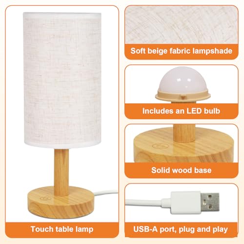 Touch Bedside Table Lamp with Stepless Dimming, USB Powered