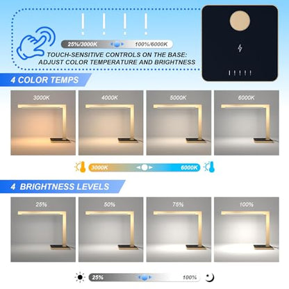 Dimmable Desk Lamp with Charging Station, 15W CCT Table Lamp - color: Golden