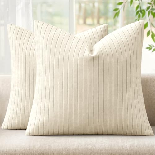 MIULEE Set of 2 Cream Textured Striped Throw Pillow Covers 18x18 Inch - color: Cream, size: 18" x 18" (Pack of 2)
