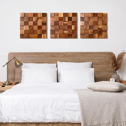 RattanView 3 Pcs 3D Rustic Wood Wall Art Mosaic Block Panel 11.8"x11.8"