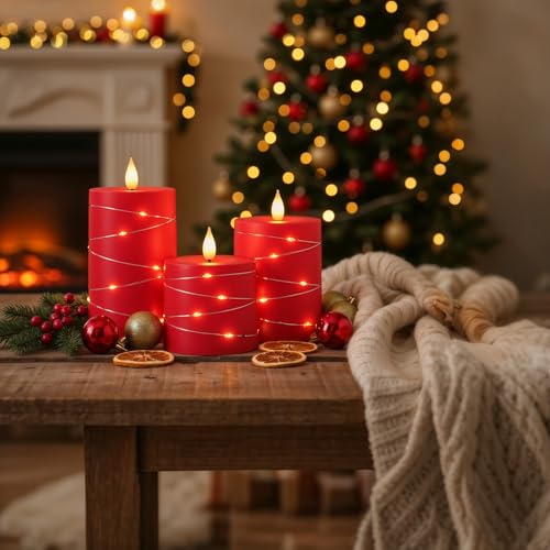 Raycare Red Battery Operated Flameless LED Pillar Candle with Remote Timer - color: 3pcs-Red