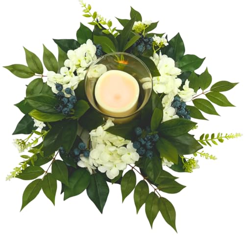 Svndlyn Candle Holder Centerpiece with Glass Hurricane and White Hydrangeas