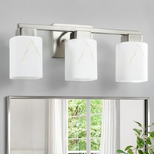 3-Light Square Bathroom Light Fixture, Brushed Nickel Modern Vanity Light with White Marble Glass Shade, for Bathroom Mirror, Living Room, Bedroom, Hallway, E26 Base - color: Brushed Nickel, size: 3-Light
