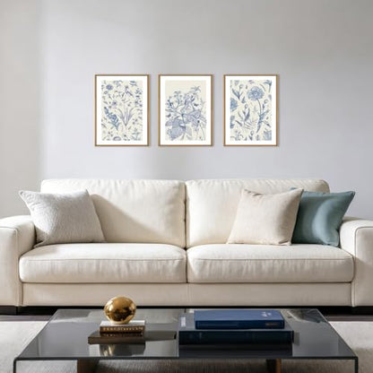 KAIRNE Blue White Chinoiserie Floral Framed Canvas Wall Art Set-24"x36"x3 - color: Classic Chinoiserie Wall Art, size: 12"L x 16"W