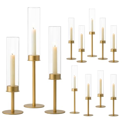 Hewory Gold Candlestick Holders: 12PCS Glass Hurricane with Brass Base - color: Matte Gold, size: 12pcs