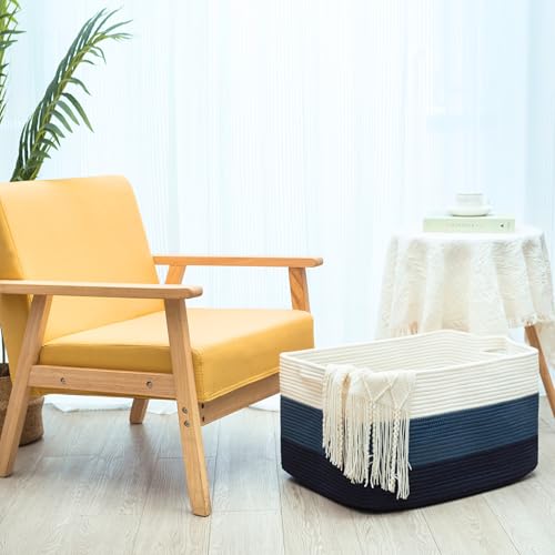 MINTWOOD Design 22in Extra Large Blanket Basket Holder Living Room, Rectangle Rope Woven Storage Basket with Handles for Laundry, Pool Towels, and Shoes, Dog Toy Organizer Bin Box, 3-Tone Blue - color: 3-Tone Blue