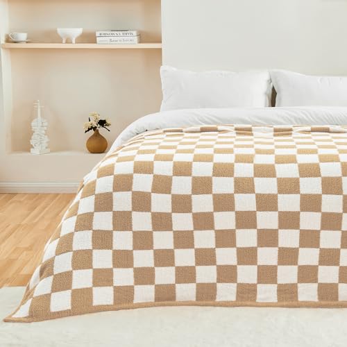 CozeCube Beige White Reversible Checkered Knit Throw Blanket 50"x60" - color: Khaki Tan, size: 50"x60"