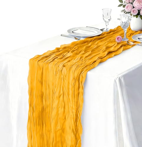 3 Pack Gold Cheesecloth Table Runner 21 x 120 Inch Boho Gauze Sheer Table Runner 10FT Long for Wedding Baby Shower Bridal Shower Easter Holiday Birthday Home Decor - color: Gold, size: 21"×120“-3pcs