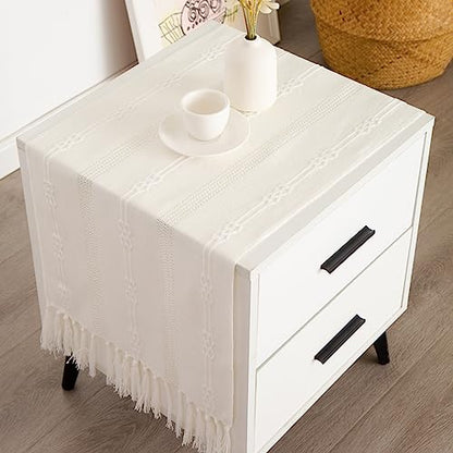 Rustic Small Boho Ivory Linen Style Table Runner 14x36 Inches - style: Ivory