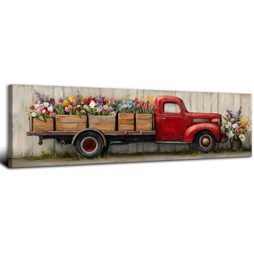Vintage Flower Market Wall Art Farmhouse Picture Truck Wall Decor for Kitchen Living Room 14x48", Retro Country Car Poster Canvas Prints Colorful Tulip Floral Painting Artwork Home Decorations - color: Red Truck