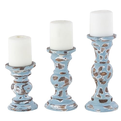 Deco 79 Wood Decorative Candle Holder Candle Stand, Set of 3 Candlestick Holder 6", 8", 10"H, Light Blue