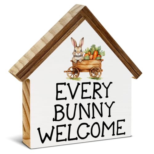 Easter Home Decor, Every Bunny Welcome House Shaped Wood Block Sign - color: bunny
