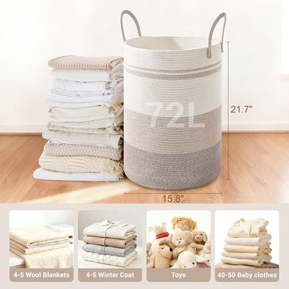 72L Large Tall Cotton Rope Laundry Basket with Handles, Brown Striped - color: Brown Striped, size: 72L