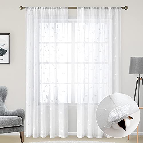 HOMEIDEAS White Sheer Curtains Leaf Embroidered, 52x84 Inch, 2 Panels - color: 4-white, size: 52"W x 84"L (Pack of 2)