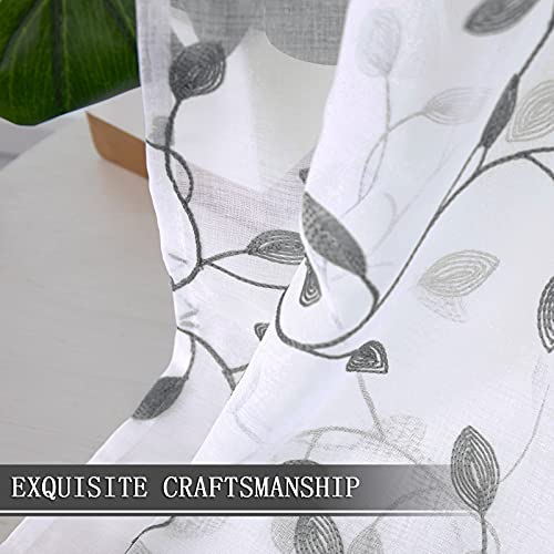 Tollpiz Leaves Sheer Tier Curtain Grey Leaf Embroidery Kitchen Half Curtains Rod Pocket Voile Faux Linen Embroidered Leaves Curtain for Bathroom, 30 x 36 inches Long, Set of 2 Panels - color: Grey, size: 30"W x 36"L (Pack of 2)