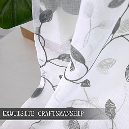 Tollpiz Leaves Sheer Tier Curtain Grey Leaf Embroidery Kitchen Half Curtains Rod Pocket Voile Faux Linen Embroidered Leaves Curtain for Bathroom, 30 x 36 inches Long, Set of 2 Panels - color: Grey, size: 30"W x 36"L (Pack of 2)