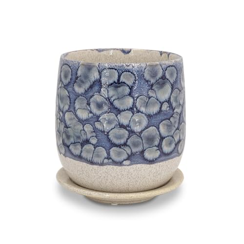 6 in Ceramic Plant Pot with Saucer，Indoor Plant Pot for Plants, Flower Pot with Drainage，Reactive Glaze Blue