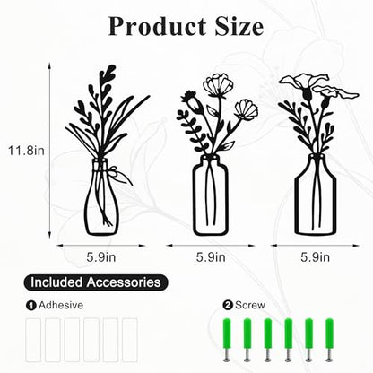Embewhis Wall Decor Metal Flowers 3pcs, Rustic Farmhouse Flower Sculptures, 13.7" Wall Art Decor, Drill-Free Install Option for Living Room, Kitchen, Bedroom & Bathroom (M) - size: M
